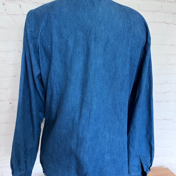 90's Roughrider Chambray/Denim Shirt with Embroidery and Suede - Size Medium - Picture 5 of 10